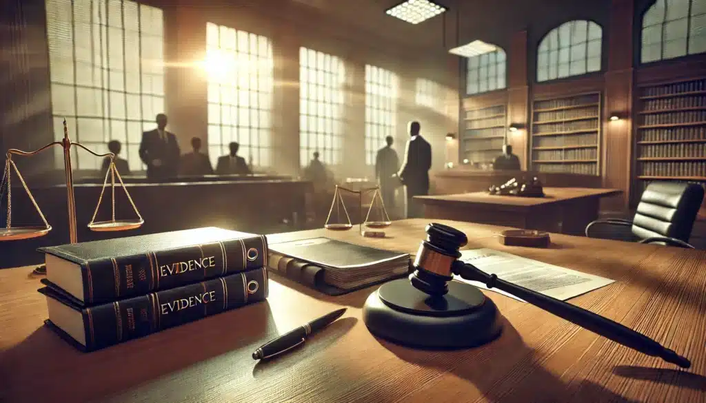 A cinematic, photo-realistic wide-angle summer scene showing a courtroom interior bathed in natural light, with a focus on a desk featuring legal documents, evidence folders, and a gavel. The atmosphere is professional yet contemplative, highlighting the seriousness of proving adultery in court. In the background, blurred figures of attorneys and a judge are visible, creating depth and realism. The setting includes warm tones with summer light streaming through large windows, emphasizing the importance of evidence and legal procedures. No text or camera equipment in the image.