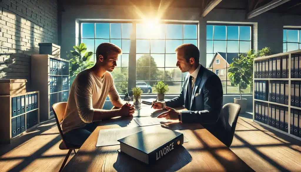 A wide-angle, photo-realistic, cinematic image with summer vibes, showing a family law attorney advising a client on divorce matters. The setting is a sunlit office with large windows, where the attorney and client are seated at a desk, discussing legal documents. The client appears concerned but attentive, while the attorney is explaining legal options. Natural sunlight pours into the room, creating a peaceful yet focused atmosphere. Outside the window, greenery and blue skies reflect the calm summer vibes, contrasting with the serious tone of the conversation inside. The image should convey trust and professionalism.