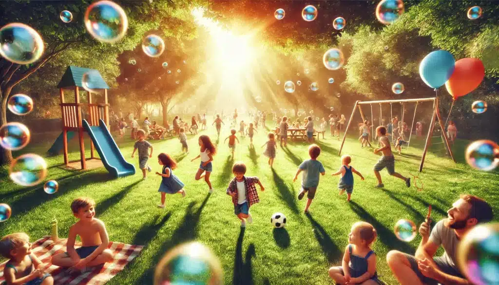 A photo-realistic, cinematic, wide-angle summer image of children playing happily together in a vibrant outdoor park. The scene captures the joy and energy of kids running, laughing, and engaging in activities like kicking a soccer ball, blowing bubbles, and playing on a swing set. The park is lush and green, with bright summer sunlight streaming through the trees and families enjoying picnics in the background. The image evokes warmth, happiness, and the positive impact of secure child support arrangements on children’s well-being.