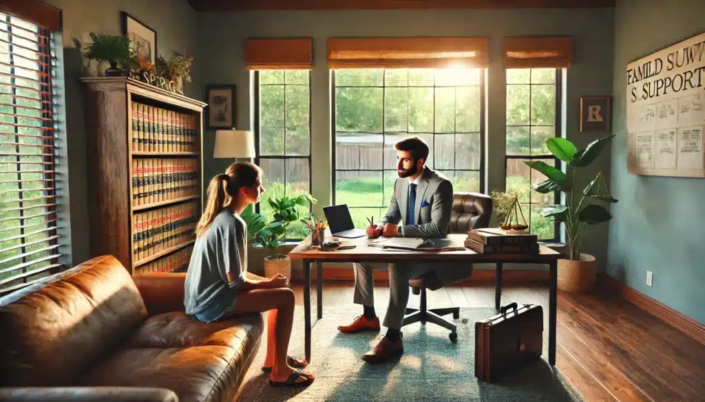 Wide-angle, photo-realistic, cinematic image with summer vibes featuring a family law attorney in an office setting in Spring, Texas. The attorney is sitting across from a client, discussing child support options in a warm, engaging environment. Natural light fills the room, creating a relaxed yet professional atmosphere. The scene includes a desk with legal documents and a laptop, while the client listens attentively. The background shows elements typical of a Texas law office, including local décor and hints of greenery visible through large windows, adding to the summery feel.