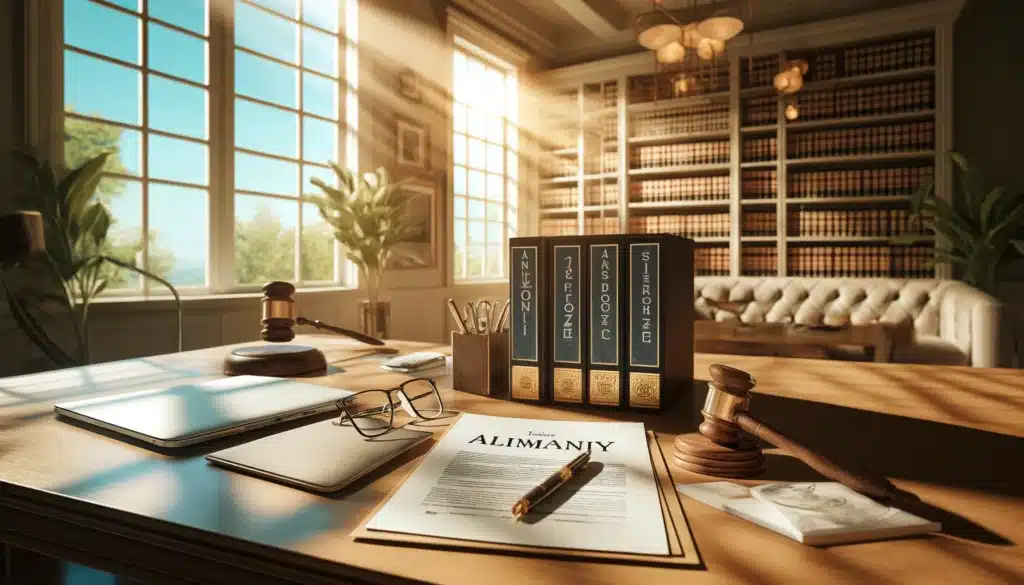 A cinematic, photo-realistic, wide-angle image depicting an overview of Texas alimony laws. The scene is set on a polished wooden desk in a sunlit office with large windows, showcasing summer vibes. Legal documents, neatly organized in folders, are spread out on the desk along with a pair of glasses, a pen, and a laptop. The background features tasteful decor, including bookshelves with law books and soft natural light streaming in, creating a warm and professional atmosphere.