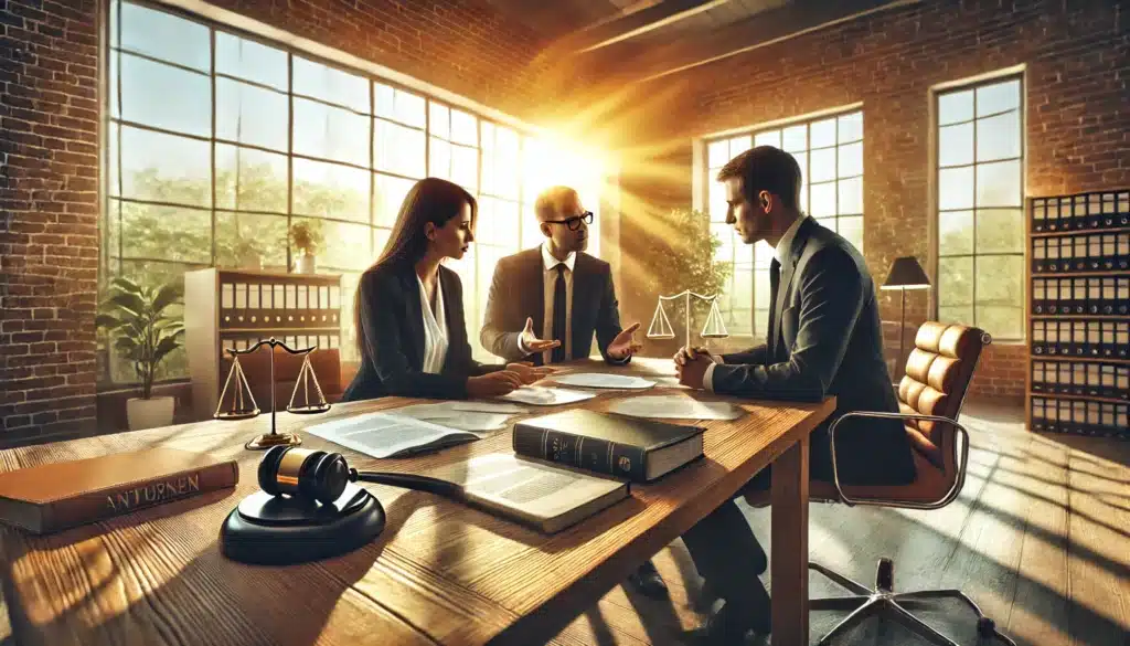 Wide-angle, photo-realistic, cinematic summer scene illustrating annulment attorneys in a consultation, discussing legal strategies. The focus is on the attorneys collaborating over legal documents on a well-lit desk, with warm summer sunlight streaming through a large window. The background features a bright, inviting office space with hints of greenery visible outside, evoking summer vibes. The attorneys are engaged and appear deep in conversation, symbolizing the importance of legal representation in the annulment process. The overall scene feels professional, approachable, and supportive.