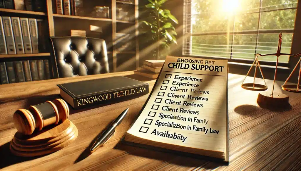 A wide-angle, photo-realistic, cinematic image depicting a checklist for choosing the best Kingwood Texas child support attorney. The scene is set on a wooden desk with a sunlit office background, creating summer vibes. The checklist is written on a notepad, with items such as 'Experience,' 'Client Reviews,' 'Specialization in Family Law,' and 'Availability.' A pen rests beside the notepad, and legal documents are slightly visible underneath. The bright sunlight streams through the window, casting a warm glow over the desk, enhancing the inviting and professional atmosphere.