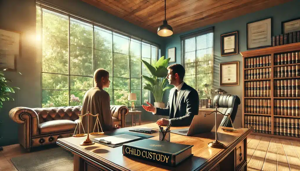 A wide-angle, photo-realistic, cinematic image of experienced child custody attorneys in a modern, well-lit office in Humble, Texas. The scene features an attorney attentively guiding a client, with legal documents and a laptop on a polished wooden desk. The room is filled with natural light streaming through large windows, highlighting summer vibes with greenery visible outside. The atmosphere is professional yet warm, with tasteful decor, including bookshelves and framed legal certificates. The client appears engaged and reassured as the attorney explains key points about child custody.