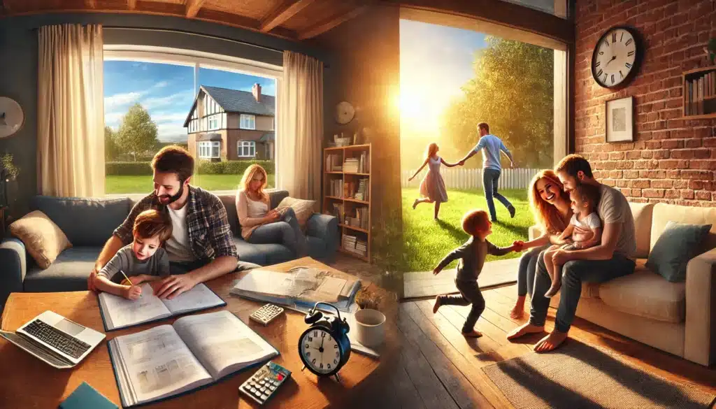 A wide angle, photo-realistic cinematic image capturing a successful child custody arrangement. The scene shows a family of two parents, a father and a mother, each spending quality time with their child in two separate, happy environments. The father is helping the child with homework in a cozy living room with sunlight streaming in, while the mother is playing with the child in a nearby park, with a clear blue sky and green grass around them. The mood is warm, peaceful, and harmonious, symbolizing successful shared custody. There are no tensions, just cooperation and love.