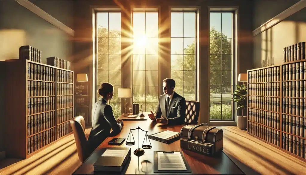 A photo-realistic, cinematic wide-angle image showing family law attorneys guiding clients through the divorce process. The scene features a professional office setting with a large desk and documents spread out, including legal files and financial paperwork. An attorney sits across from a client, offering reassurance and discussing strategies, with warm summer sunlight streaming through tall windows. The background shows tasteful decor and subtle greenery outside, creating a calm and supportive atmosphere. The mood conveys professionalism and empathy.