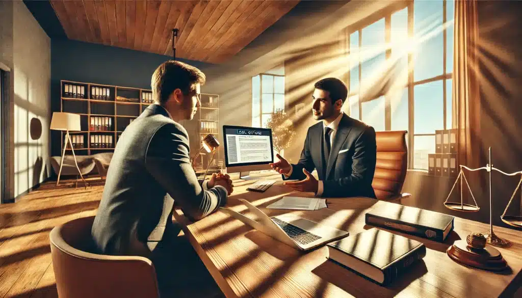 A wide-angle, photo-realistic, cinematic image with summer vibes showing a paternity lawyer discussing legal options with a client in a modern office setting. The lawyer, a professional-looking individual in business attire, is sitting across a desk from a client, explaining documents and offering legal advice. The scene is warm, with natural light streaming through large windows, casting soft shadows across the room. The office features sleek furniture, legal books, and a laptop with a legal website visible on the screen, creating an atmosphere of professionalism and trust.