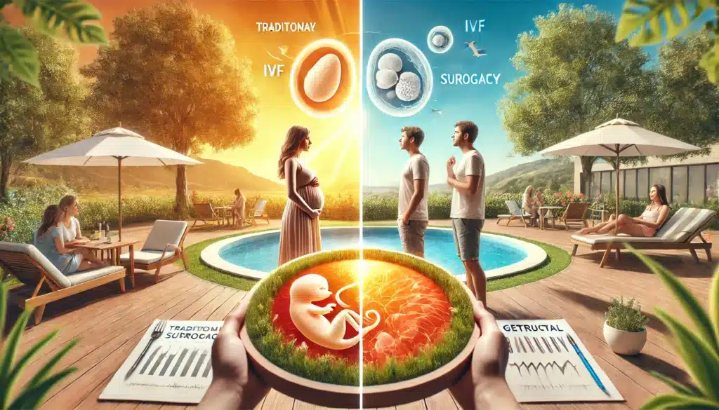 A wide-angle, photo-realistic, cinematic image with summer vibes. The scene visually represents a comparison between traditional and gestational surrogacy. On one side, a surrogate mother is depicted in a warm outdoor setting, holding a diagram symbolizing traditional surrogacy with an egg connection. On the other side, a couple is shown looking at an IVF embryo illustration representing gestational surrogacy, where no genetic link exists with the surrogate. The background features a bright summer day, lush greenery, and a hopeful, uplifting atmosphere that highlights family-building and medical advancements.