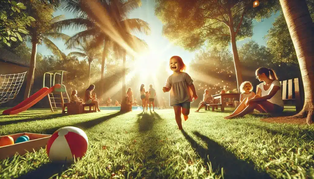 A photo-realistic, cinematic, wide-angle image of a child playing happily in a sunlit park, surrounded by nature and summer vibes. The child is joyfully running, playing with a ball, or laughing with friends in the background. The scene is filled with bright, warm sunlight, highlighting the carefree happiness and freedom of childhood. The surroundings evoke a sense of peace and well-being, symbolizing the best interests of the child in parental rights cases. The image captures a sense of innocence, joy, and the importance of protecting the child's emotional health and future.