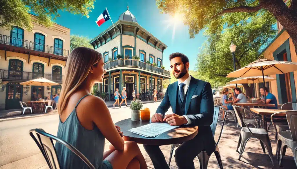 Wide-angle, photo-realistic, cinematic image with summer vibes. A scene featuring a client sitting across from a confident alimony lawyer at an outdoor café in Texas. The lawyer appears professional and attentive, holding legal documents, while the client listens with a hopeful expression. The background showcases a bright summer day with green trees, charming Texas-style architecture, and people enjoying the warm weather. The mood is positive and encouraging, capturing the essence of finding the right alimony lawyer in Texas, with a welcoming and supportive atmosphere.