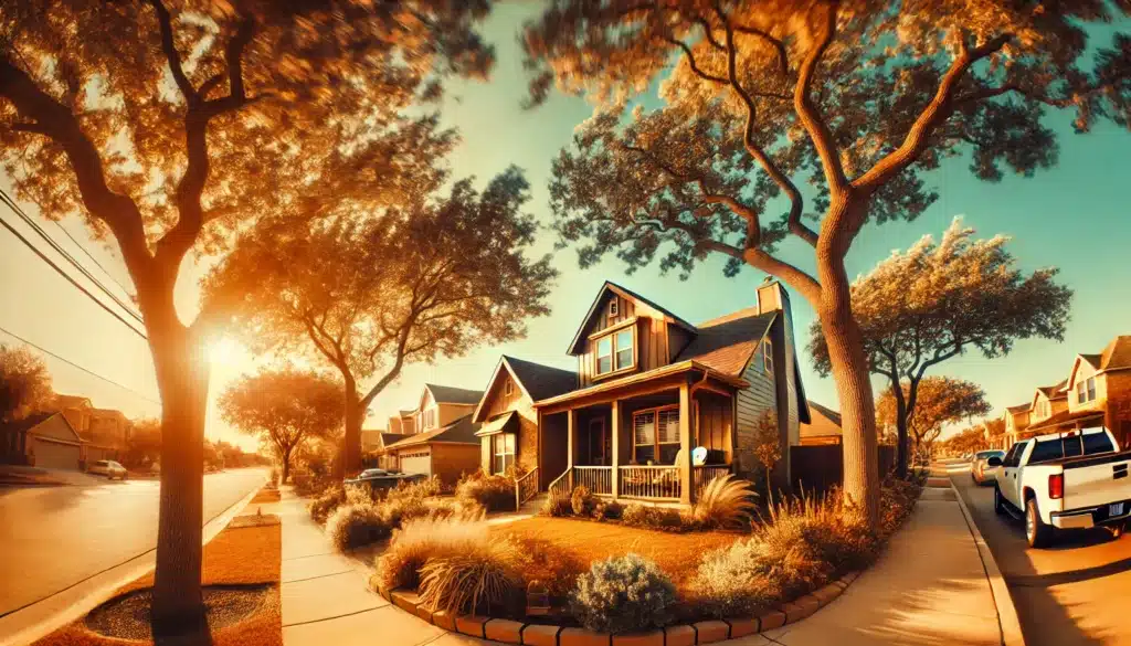 A wide-angle, photo-realistic cinematic image of a warm, inviting Texas suburban setting, capturing the essence of summer vibes. The scene includes a family home with a front yard, trees swaying gently in the breeze, and a clear blue sky, evoking the relaxed, sunny atmosphere of Texas. The image symbolizes the concept of family law and common law marriage, showcasing a peaceful neighborhood that hints at the complexities of relationships and legal matters. The vibe is reflective and warm, highlighting family life and legal considerations.