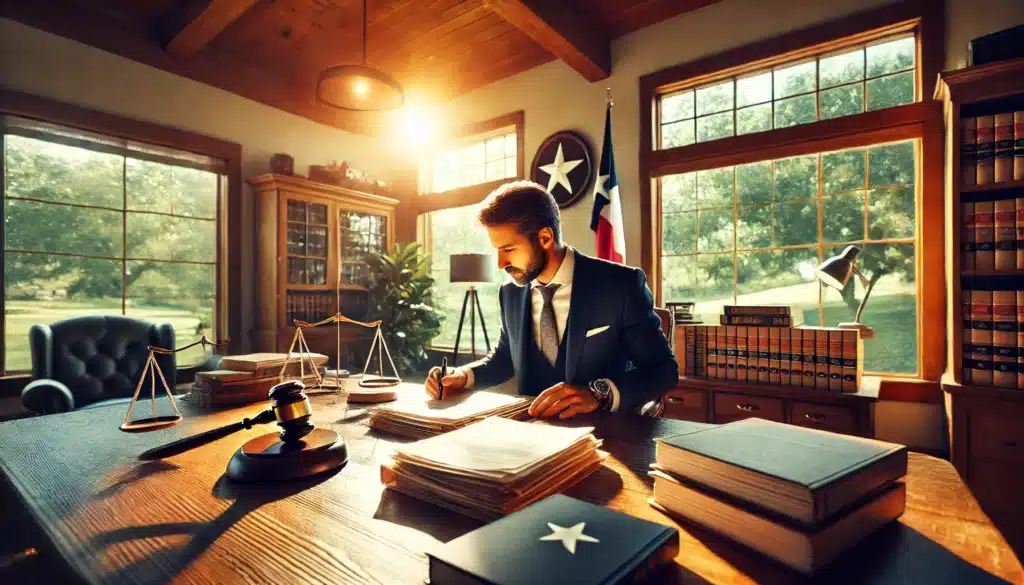 Wide-angle, photo-realistic, cinematic image with summer vibes. The scene shows a child custody attorney in The Woodlands, Texas, sitting at a desk in a professional, sunlit law office, reviewing case files. The attorney is focused and engaged, with open case files spread out on the desk. The office setting is warm and welcoming, featuring large windows letting in natural light and subtle Texas-themed decor like a Lone Star emblem. The background shows a glimpse of The Woodlands' greenery outside. The atmosphere feels calm, professional, and inviting, capturing the dedication of a legal expert deep in preparation.