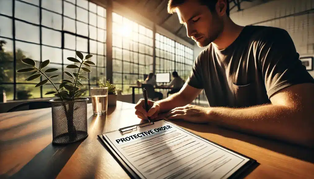 A wide-angle, photo-realistic cinematic scene showing a person filling out a protective order form related to domestic violence. The setting is a modern, bright office with large windows letting in summer sunlight. The person's hands are visible, carefully writing on the form, which is clearly labeled 'Protective Order'. The atmosphere is serious yet hopeful, capturing a sense of relief and determination. The warm summer light creates a supportive and calm ambiance, with a slight breeze rustling nearby plants, enhancing the feeling of a fresh start.