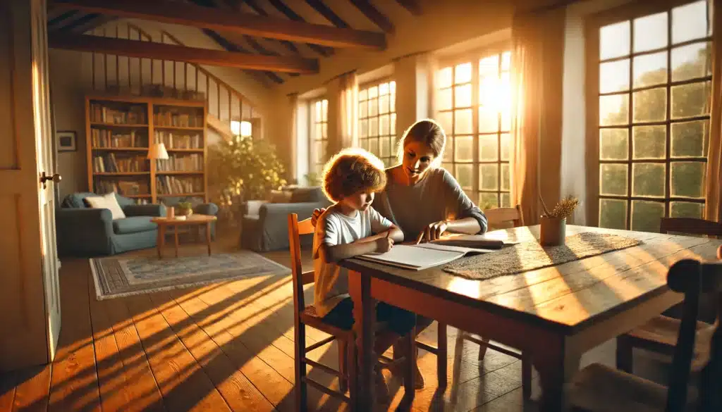 A photo-realistic, cinematic, wide-angle image capturing a warm summer evening scene where a parent is helping their child with homework at a wooden dining table. The setting features golden sunlight streaming through large windows, casting a soft glow on the room. The child is focused on their workbook, while the parent leans in supportively, pointing at a page. The background includes bookshelves and a cozy, inviting home atmosphere, emphasizing emotional and educational bonding.