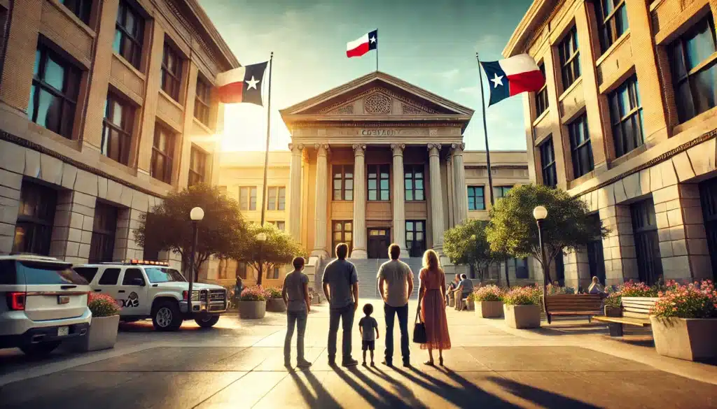 A wide-angle, photo-realistic, cinematic image with summer vibes, capturing a scene that visually represents an overview of child custody laws in Texas. The image shows a Texas courthouse exterior on a sunny day, with warm sunlight highlighting the building’s columns and Texas flags gently waving in the background. In the foreground, a family is shown from behind, with parents standing near each other, both watching their child with care and concern as they walk toward the courthouse. The setting reflects both the seriousness of child custody decisions and the warmth of a summer day in Texas. No visible text or camera equipment.