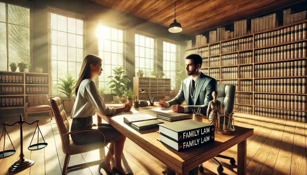 A photo-realistic, cinematic wide-angle image of a family law attorney discussing legal matters with a client in a modern office setting. The attorney and client are seated across a desk, surrounded by neatly arranged legal documents. The room is warmly lit with soft sunlight streaming through large windows, creating summer vibes. The office features a professional yet inviting atmosphere with bookshelves, plants, and a polished wooden desk. The expressions on their faces convey trust and professionalism, emphasizing a collaborative and supportive environment.