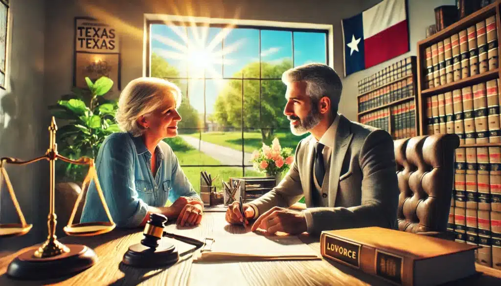 Wide-angle, photo-realistic, cinematic image with summer vibes. The scene captures an experienced divorce attorney in Spring, Texas, sitting at a desk in a bright, inviting office, consulting with a client. The attorney is professionally dressed and engaged in a supportive conversation, while the client looks relieved and attentive. The office has a welcoming atmosphere, with sunlight streaming in through large windows, greenery outside, and a few legal books and documents on the desk. The background shows a hint of Texas-themed decor, such as a small Texas flag and local artwork. The image conveys a sense of professionalism, empathy, and reassurance during a legal consultation.