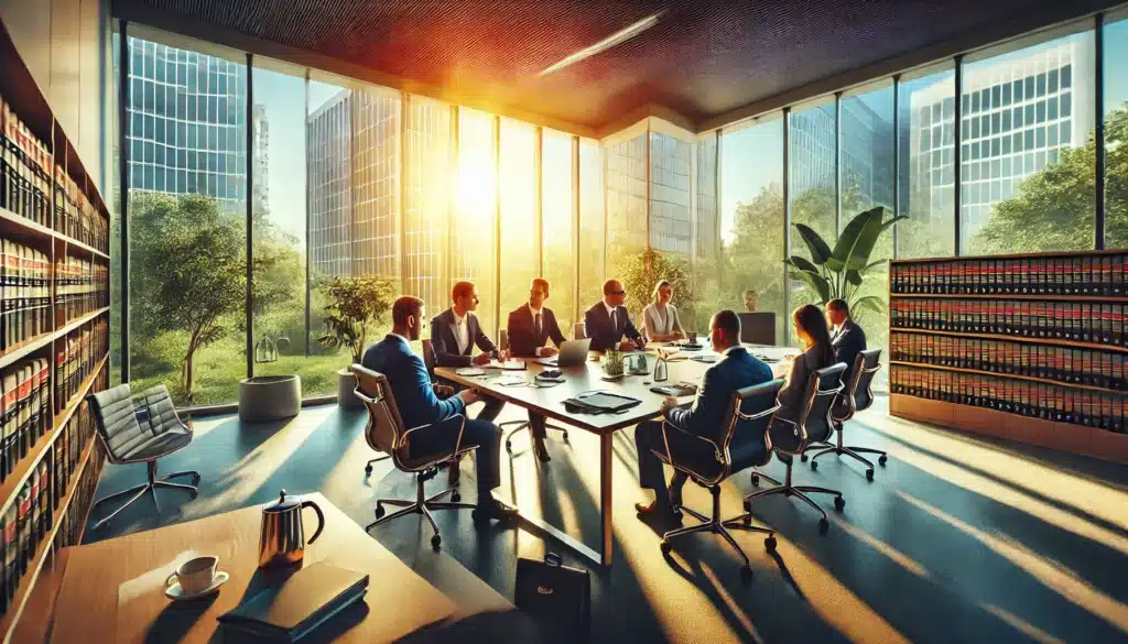 A wide-angle, photo-realistic, cinematic image with summer vibes, showing a group of professional alimony attorneys in Bellaire, Texas, engaged in a discussion about spousal support cases. The scene is set in a modern, well-lit office with large windows overlooking lush greenery. The attorneys are seated around a sleek conference table, with legal documents, laptops, and coffee mugs visible. The mood is professional yet collaborative, with warm sunlight streaming through the windows, creating a dynamic and inviting atmosphere.