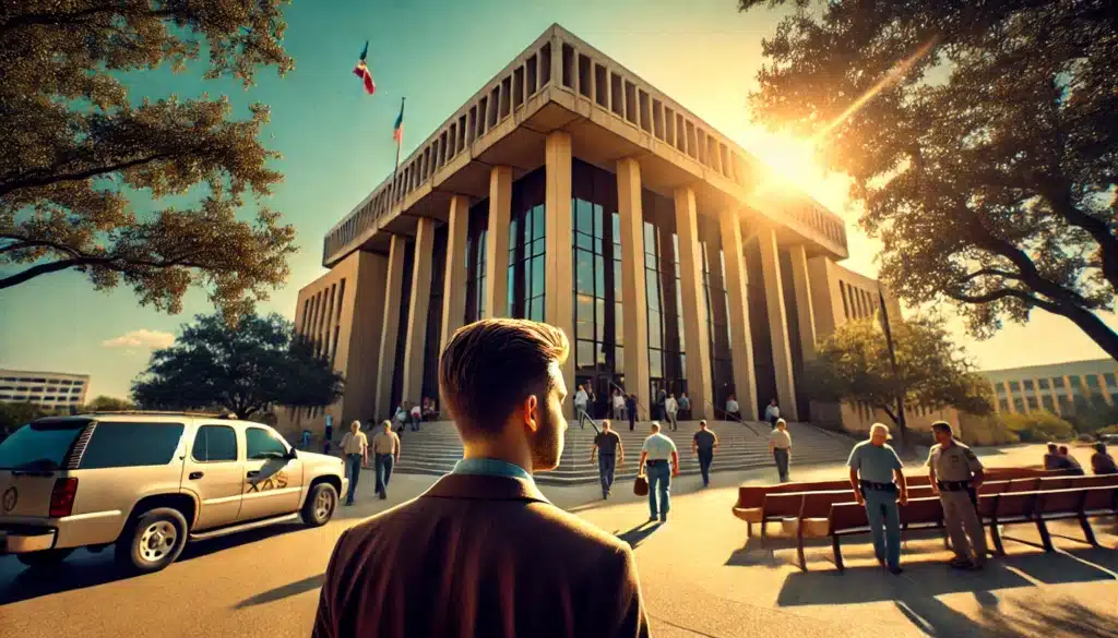 A wide-angle, cinematic, photo-realistic image depicting the atmosphere of a temporary orders hearing in a Texas divorce proceeding. The setting is a sunlit, Texas courthouse exterior on a summer day, with warm light casting over people walking into the building. One person, looking contemplative and somewhat tense, approaches the courthouse steps, symbolizing the gravity of temporary orders hearings. The background features a clear blue Texas sky, with some trees around, giving a summery and serene vibe despite the serious context. The image should evoke a sense of importance and quiet anticipation. No text or visible equipment in the image.