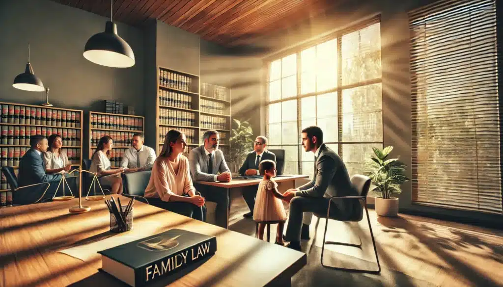 A wide angle, photo-realistic, cinematic image of child custody attorneys in Sugarland, Texas, assisting clients in a professional office setting. The attorneys, a diverse group of professionals, are engaged in a conversation with a concerned couple, providing legal guidance. The room is well-lit with natural sunlight streaming through large windows, creating a warm, inviting atmosphere. There are family law books and legal documents scattered on a modern wooden desk, and soft tones of summer light reflect off the walls. The vibe is calm, supportive, and professional.