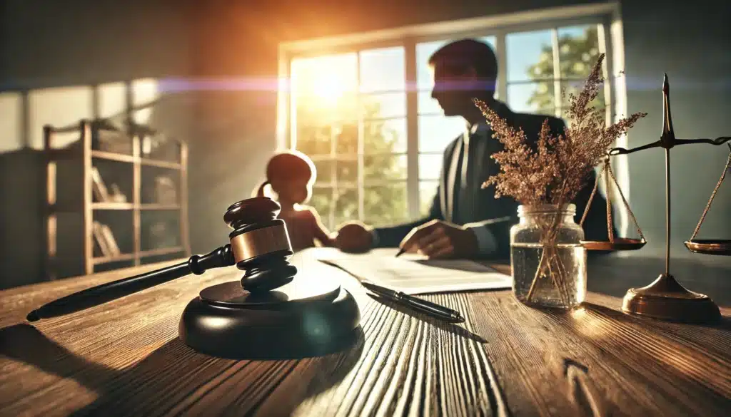 A wide-angle, photo-realistic, cinematic image with summer vibes, showing a parent protecting their parental rights. The scene includes the parent sitting at a table with a blurred image of legal documents and a gavel in the foreground, symbolizing legal action and authority. The background features warm sunlight streaming through a window, creating a hopeful and determined atmosphere. The setting conveys seriousness and empowerment, emphasizing the importance of legal rights. No words or camera equipment are visible in the image.