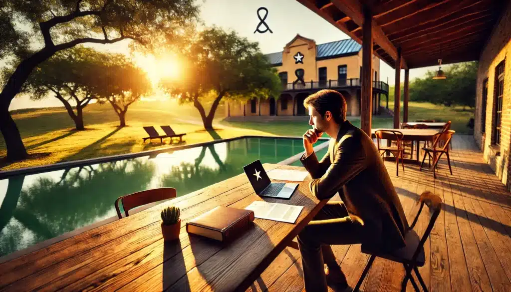 A cinematic, photo-realistic wide-angle summer scene showcasing a thoughtful individual sitting outdoors, reflecting in a serene Texas landscape. The person is seated at a wooden table with legal documents and a laptop, symbolizing the topic of understanding adultery laws in Texas. The setting includes warm golden sunlight, a light breeze rustling nearby trees, and a subtle hint of Texas-style architecture in the background. The mood is contemplative, with vibrant summer vibes. No text or camera equipment in the image.