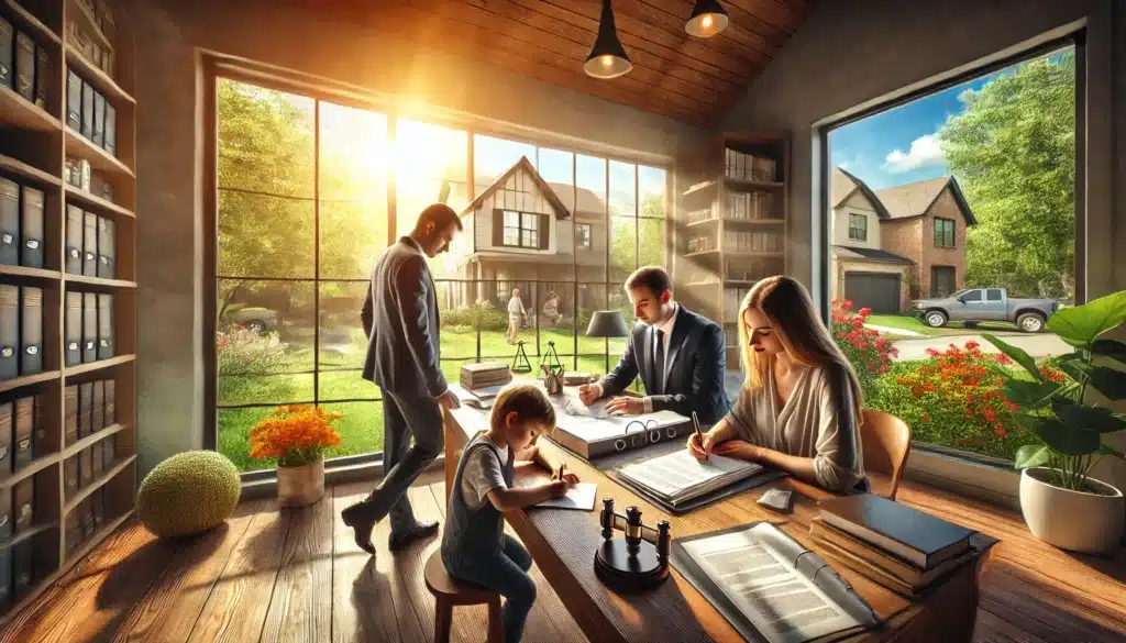 A wide-angle, photo-realistic, cinematic summer scene showing a child custody attorney in a professional setting working with two parents on custody arrangements to protect the best interests of the child. The setting includes a desk with legal documents, a warm, collaborative atmosphere, and a young child drawing contentedly nearby. Sunlight streams through large windows overlooking a vibrant Bellaire neighborhood with lush greenery, emphasizing a positive, hopeful, and family-focused environment.