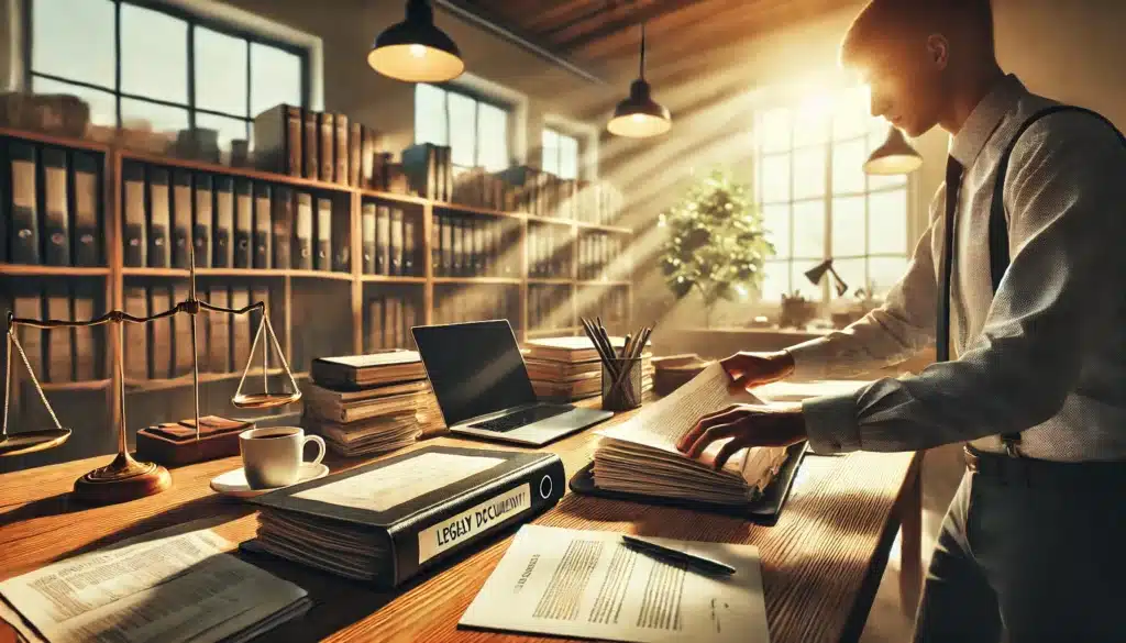 A wide-angle, photo-realistic, cinematic image of a person gathering legal documents for a family law case. The scene is set on a large wooden desk with neatly arranged papers, a laptop, and a cup of coffee. The individual is seen organizing documents, with their hands placing papers into a folder. Warm summer sunlight streams through nearby windows, casting a soft golden glow across the desk. The background features a professional yet cozy environment, with shelves lined with books and a hint of greenery visible outside the window, creating a calm and focused atmosphere. The image emphasizes the importance of thorough documentation in family law cases while capturing summer vibes.