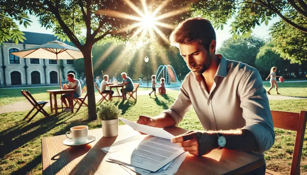 A wide-angle, photo-realistic, cinematic image with summer vibes. The scene shows a father sitting at an outdoor table in a sunny park, carefully reading through legal documents to protect his parental rights. The father looks focused and determined, with a slight expression of concern. The background captures a bright summer day with warm sunlight streaming through green trees, children playing in the distance, and a peaceful, serene atmosphere. The overall image conveys the importance of understanding legal documents and taking action to protect parental rights, emphasizing the seriousness and commitment of the father.