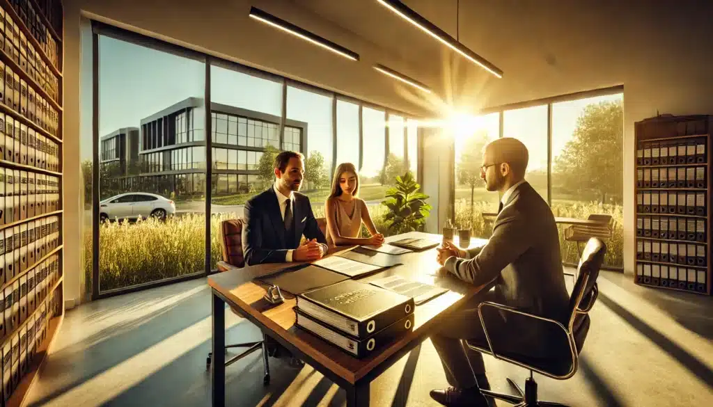 A wide-angle, photo-realistic, cinematic image showing a professional setting where a couple is meeting with a prenuptial agreements attorney in The Woodlands, Texas. The scene captures a bright, modern office with large windows overlooking a sunlit, summer landscape. The attorney sits confidently at the desk, providing legal advice with a friendly demeanor. The couple, seated across, appears engaged and thoughtful, taking notes. The desk features legal documents and a laptop, indicating a thorough consultation. The overall atmosphere is welcoming, with a warm golden light evoking summer vibes, suggesting a positive and collaborative experience.