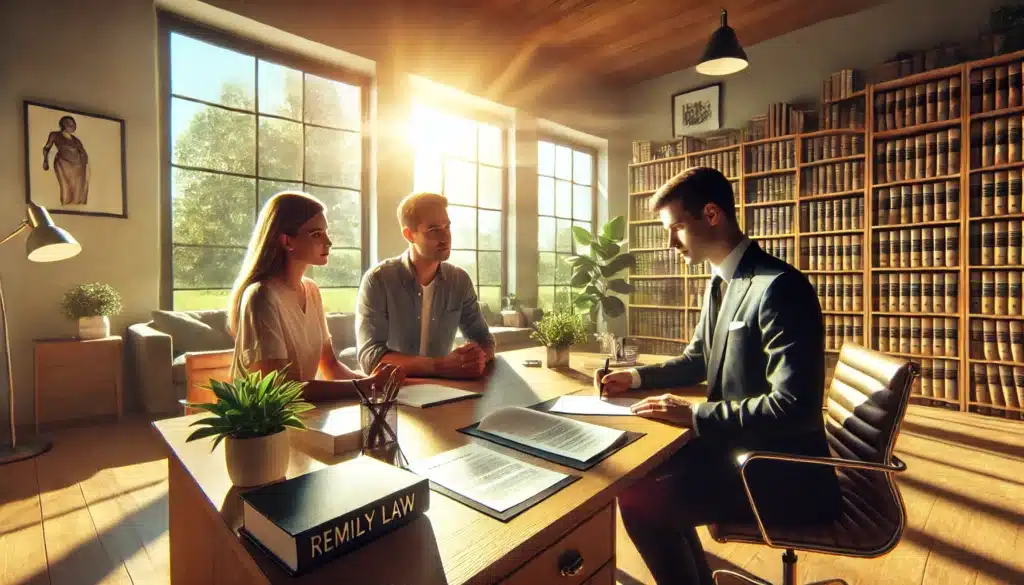 A wide-angle, photo-realistic, cinematic image with summer vibes. The scene shows a modern law office bathed in warm sunlight. A professional family law attorney, dressed in business attire, sits at a large desk with paperwork spread out. Across from them are intended parents, a hopeful couple, attentively listening and nodding as the attorney explains the gestational agreement. The office has large windows with views of a bright summer day, green plants, and bookshelves filled with legal books, creating a calm and professional atmosphere.