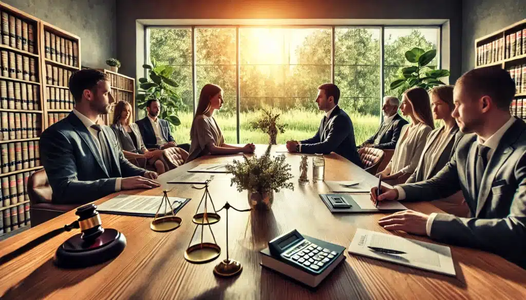 A photo-realistic, cinematic wide-angle image of a fair alimony agreement being discussed between spouses and their attorneys. The scene takes place in a modern conference room with large windows letting in warm summer sunlight. The spouses, seated across from each other at a wooden table, appear calm and engaged, with their attorneys sitting beside them, guiding the conversation. Legal documents, notepads, and a balance scale are visible on the table. The background shows greenery through the windows, adding to the summer vibes, while the atmosphere conveys professionalism, collaboration, and a sense of resolution.