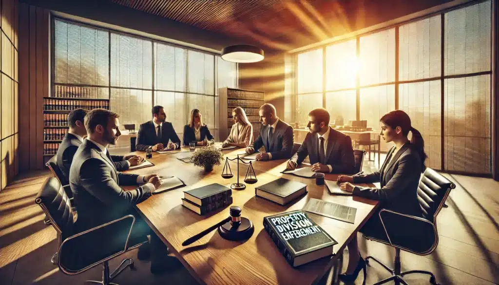 A wide-angle, photo-realistic, cinematic image set in a bright summer day showing a legal strategy session for property division enforcement. The scene captures attorneys and clients seated around a large wooden conference table in a modern, sunlit office. The attorneys are actively discussing the case with the clients, who are listening intently. Legal documents, notebooks, and a laptop are placed on the table. The background features large windows with a warm summer glow illuminating the room. The atmosphere feels professional and collaborative. No camera equipment or text is visible in the image.