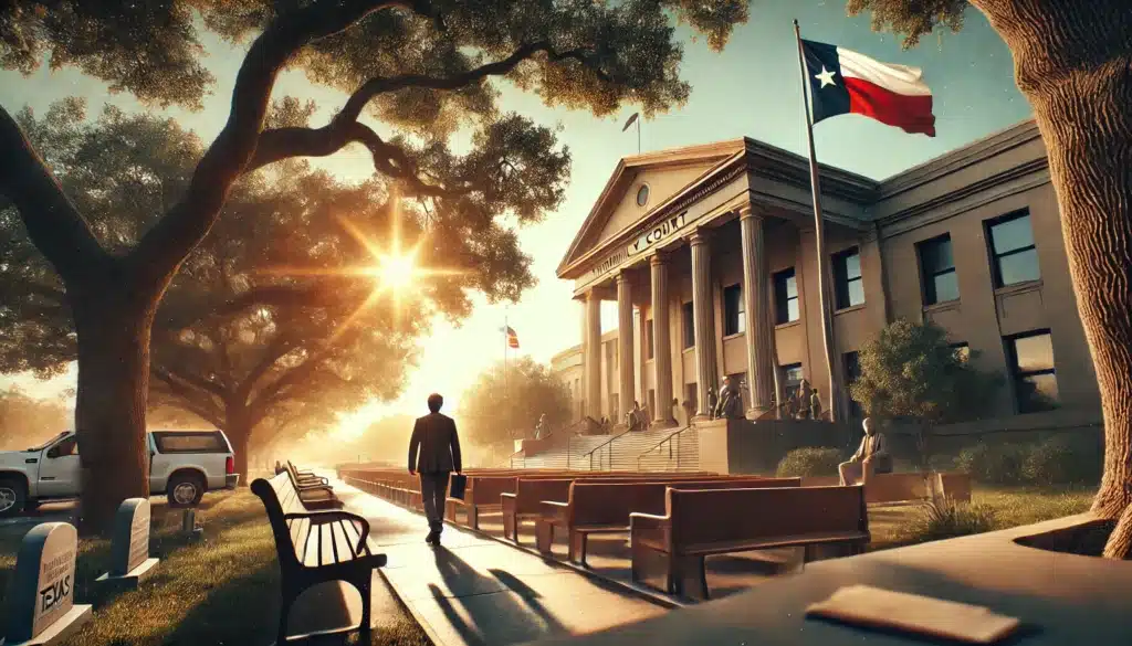 A cinematic, photo-realistic wide-angle image capturing the essence of understanding termination of parental rights in Texas. The scene shows a family court building with a calm and reflective atmosphere. A person is seen walking up the steps of the courthouse, holding documents, against the backdrop of a warm summer afternoon with clear blue skies and golden sunlight. In the distance, symbolic elements like a Texas state flag fluttering and a shaded bench under an oak tree create a sense of place and contemplation. The image evokes a mix of seriousness and hope, framed by summer vibes.