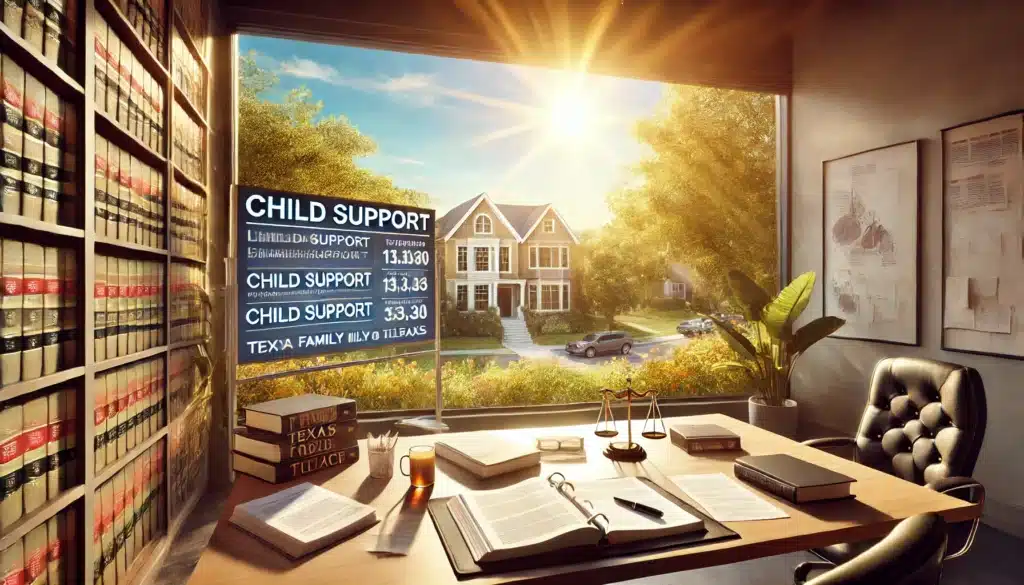 A wide-angle, photo-realistic, cinematic summer scene depicting a professional office setting where a legal expert is explaining child support laws in Texas. The scene includes a desk with legal documents open, a Texas Family Code book, and a whiteboard with key points about child support highlighted. The office has large windows letting in warm sunlight, and the view outside shows a vibrant, sunny Bellaire neighborhood with lush greenery. The atmosphere is professional yet inviting, emphasizing clarity and understanding of the law.