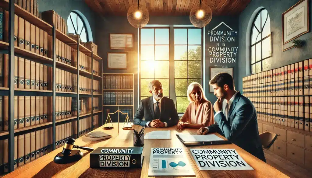 A photo-realistic, cinematic wide-angle image with summer vibes, illustrating property division in common law divorce cases in Texas. The scene shows a conference table inside a law office, with documents, charts, and folders labeled 'Community Property Division.' A lawyer is engaged in a detailed discussion with a couple, with expressions of thoughtfulness and collaboration. In the background, shelves of legal books and certificates on the wall highlight professionalism. The setting is illuminated by warm sunlight streaming through large windows, adding a sense of clarity and resolution to the image.