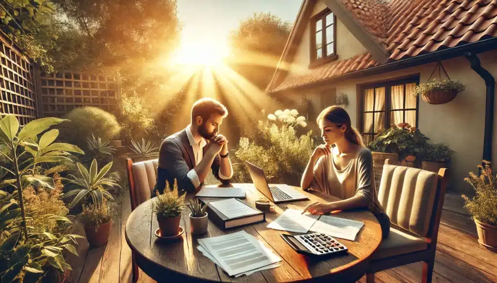 A wide-angle, photo-realistic, cinematic summer scene depicting financial and emotional planning during a common-law divorce. The image shows a couple sitting at a large outdoor table in a peaceful garden setting, with financial documents, a calculator, and a laptop in front of them. One person looks reflective, while the other appears to be offering support. A professional advisor or attorney is also present, providing guidance. The warm golden sunlight, lush greenery, and serene atmosphere symbolize the balance between challenges and hope during preparation for divorce.