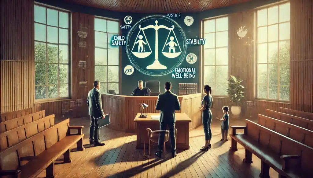 A wide-angle, photo-realistic cinematic illustration representing the factors considered by Texas courts in custody cases. The image depicts a courtroom with a judge thoughtfully reviewing documents, while two parents stand on either side of the courtroom, both presenting their cases. In the background, a scale of justice and symbols representing child safety, stability, and emotional well-being are subtly included. The summer atmosphere is reflected through warm lighting streaming in from large windows. The mood is serious but balanced, showing the care taken by the court to prioritize the child's best interests.