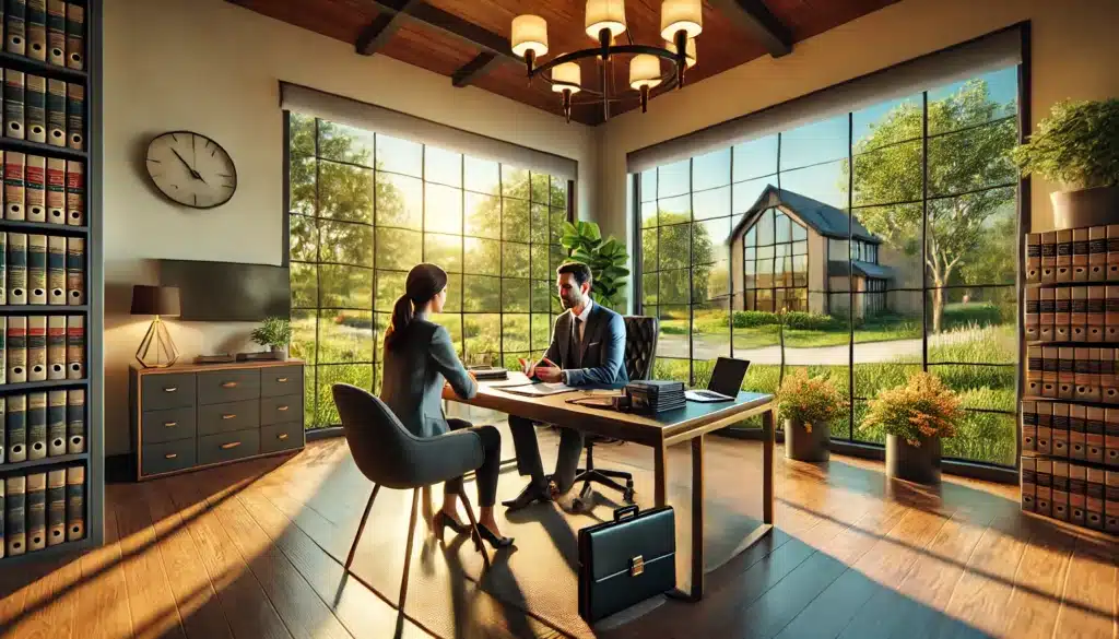 A photo-realistic, wide-angle, cinematic summer scene of a family law attorney in The Woodlands, Texas, sitting in a stylish, modern office providing a consultation. The attorney is seated at a desk with legal documents and a laptop open, while a client sits across, listening intently. The room has large windows letting in bright, natural sunlight, with a view of a vibrant Texas summer landscape outside. The atmosphere is warm and inviting, with greenery visible through the windows, creating a relaxed yet professional setting.