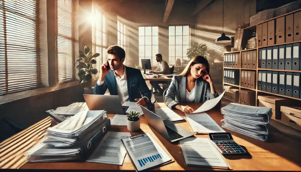 Wide-angle, photo-realistic, cinematic image with summer vibes, captured in the style of a wide-angle lens camera. A scene depicting the logistical challenges during divorce proceedings. A couple sits at a table in a bright office, looking stressed and surrounded by documents, laptops, and legal paperwork. One person is on the phone, appearing frustrated, while the other is reviewing a document. The atmosphere is tense but professional, with sunlight streaming through the windows, casting a warm light. The setting reflects the complexity and emotional weight of organizing custody, asset division, and scheduling during a divorce process.