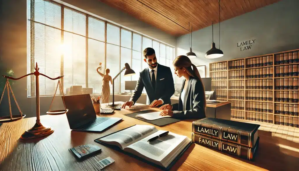 Wide-angle, photo-realistic, cinematic image with summer vibes, captured in the style of a wide-angle lens camera. A scene illustrating legal resources and professional support in family law. The image features a modern law office with a professional atmosphere, where a family law attorney is seen guiding a client through paperwork. The backdrop includes legal books, open laptops, and resource materials spread across the desk. Sunlight pours through large windows, casting a warm and inviting glow. The setting conveys trust, expertise, and a supportive environment, with an emphasis on comprehensive legal assistance and access to resources.