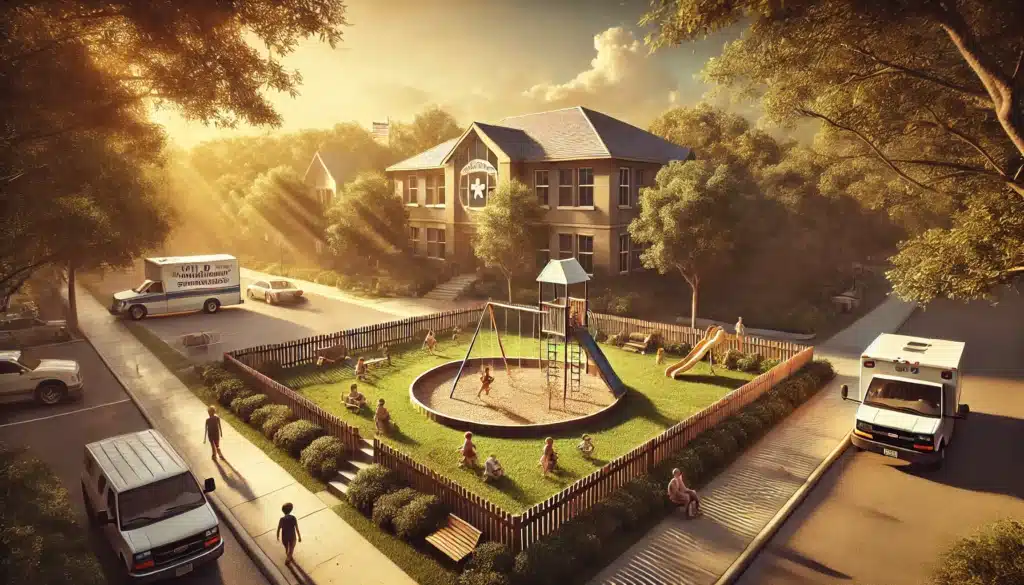 A cinematic, wide-angle, photo-realistic depiction of a scene representing child safety and care in Texas. The image features a summer vibe with a warm, golden glow. In the foreground, a small, well-kept playground with swings and slides is surrounded by a peaceful neighborhood. In the background, a symbolic building labeled 'Child Protective Services' is subtly integrated, signifying the importance of child safety. Details include children playing happily under supervision, lush greenery, and an atmosphere of care and safety. The setting exudes a serene and hopeful tone, with a focus on the environment and symbolism rather than specific individuals.