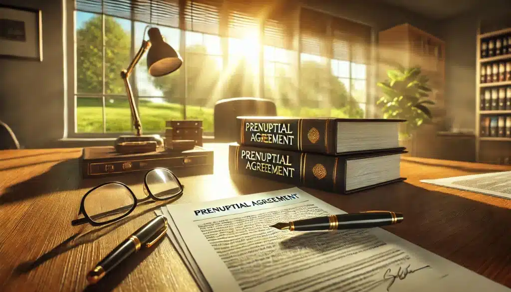 A wide-angle, photo-realistic, cinematic image showing a stack of legal documents titled 'Prenuptial Agreement' placed on a polished desk. The background features a bright, sunlit office with large windows revealing a lush, summer landscape outside. The documents are neatly arranged with a fountain pen resting on top, indicating a careful review process. Nearby, a pair of reading glasses and a legal book suggest a thorough legal examination. The warm, golden light streaming in adds a summery, inviting feel, highlighting the importance of ensuring the agreement is legally enforceable. The scene conveys professionalism and legal precision.