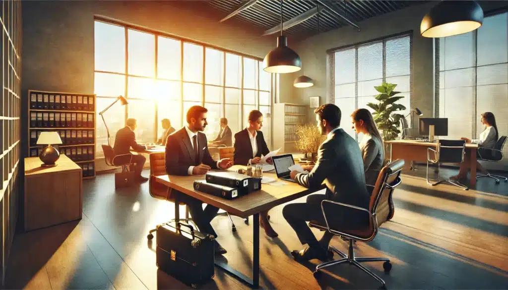 A wide-angle, photo-realistic, cinematic image with summer vibes depicting a professional setting where property division attorneys in Bellaire, Texas, are assisting clients during divorce proceedings. The scene features a modern, well-lit office with large windows letting in warm sunlight. Attorneys are seated at a desk with clients, reviewing documents, discussing strategies, and using a laptop to display legal information. The atmosphere is professional yet approachable, capturing a moment of collaboration and support during a significant legal process. The image conveys trust, clarity, and the importance of expert guidance in divorce proceedings.