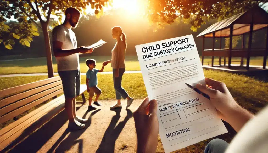 A wide-angle, photo-realistic, cinematic image with summer vibes illustrating modifications of child support due to custody changes. The scene is set outdoors on a warm summer day, perhaps at a family court or park. A parent is seen holding legal papers, representing a modification request, while standing near another parent, indicating a custody handoff. In the background, a child moves between the two parents, symbolizing the shift in custody. The atmosphere is calm and hopeful, with sunlight filtering through the trees, and the setting evokes a feeling of resolution and new beginnings.