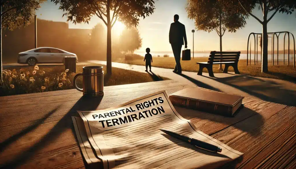 A photo-realistic, wide-angle, cinematic image with summer vibes illustrating the risks and consequences of terminating parental rights. The scene features a wooden table outdoors in a park with torn legal documents labeled 'Parental Rights Termination' scattered on it. In the background, a distant figure of a parent walks away from a child standing alone, symbolizing the emotional and legal consequences. The sun sets, casting long shadows and a warm glow through the trees, creating a bittersweet and reflective mood. The image captures the gravity of the decision and its impact on both the parent and child.