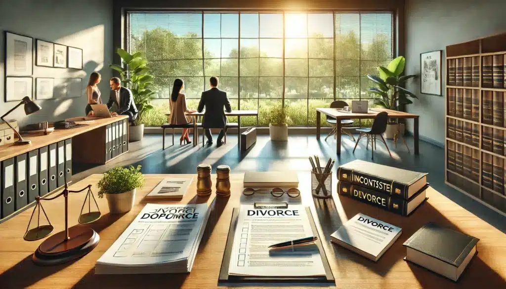 A cinematic, wide-angle, photo-realistic image depicting a calm and organized office setting on a bright summer day. A professional workspace with a desk displaying neatly arranged divorce documents, a checklist, and a pen. Nearby, a couple and an attorney sit together, reviewing and discussing the steps in the uncontested divorce process in Texas. Large windows let in warm sunlight, and lush green trees are visible outside, creating a serene and professional atmosphere. The scene conveys clarity, guidance, and simplicity. No visible branding or text.