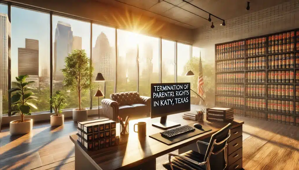 A photo-realistic, cinematic, wide-angle image of a professional office setting in Katy, Texas, with summer vibes. The scene shows a welcoming and modern law office with a well-organized desk, legal books, and a computer screen displaying contact information for a **Termination of Parental Rights Attorney in Katy, Texas**. Warm sunlight pours through large windows, casting a peaceful glow on the workspace, and the atmosphere is calm, focused, and professional. The office is clean and inviting, symbolizing the accessibility and expertise of the attorney.