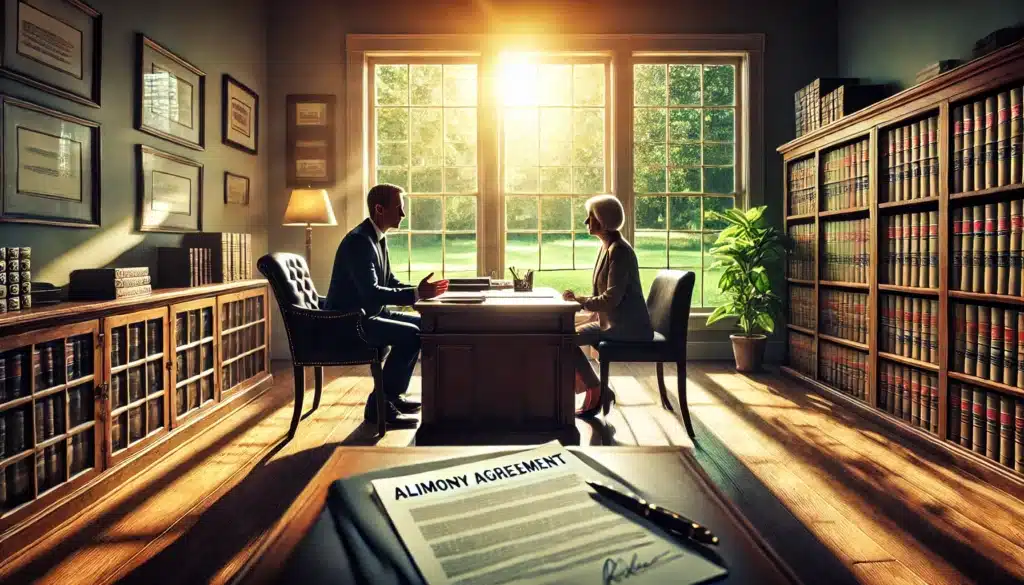 Wide-angle, photo-realistic, cinematic image with summer vibes, showing a professional attorney's office setting in Spring, Texas. The scene includes a well-dressed attorney speaking with a client, both sitting at a polished wooden desk. Through the office window, the sun shines brightly, casting a warm glow typical of a summer day in Texas, with green trees visible outside. A legal document labeled 'Alimony Agreement' is placed on the desk, with both parties discussing it seriously but calmly. The atmosphere reflects a professional yet approachable and understanding environment.