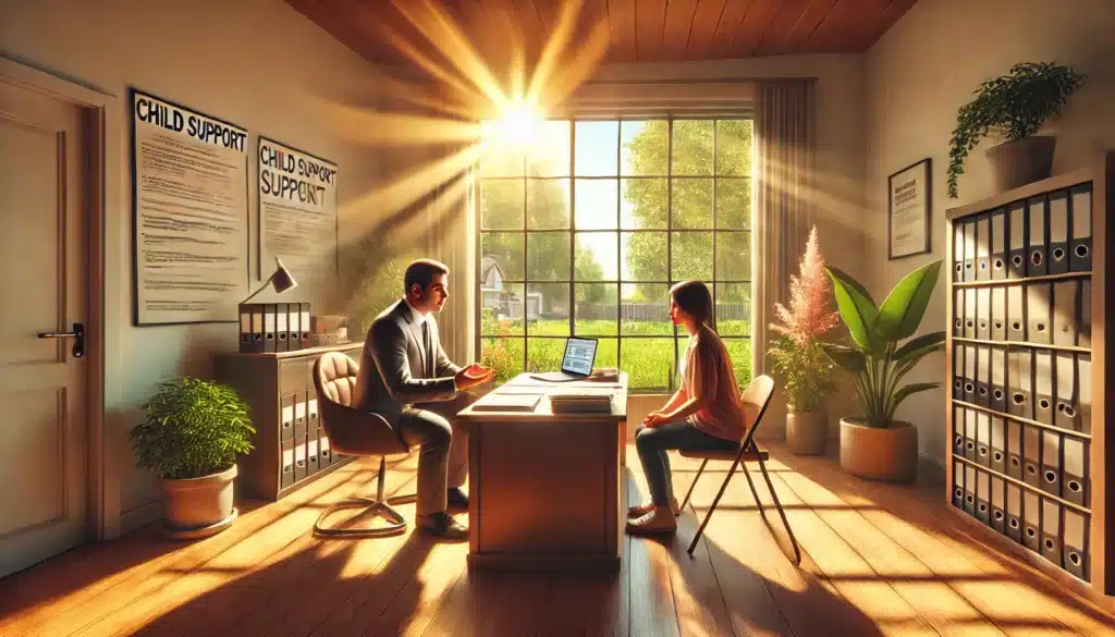 A wide-angle, photo-realistic, cinematic summer scene depicting a professional setting where a parent is discussing common challenges in child support cases with an attorney. The office features a desk with legal documents and a laptop open to child support guidelines, while the parent looks concerned and the attorney offers reassurance. Large windows let in warm sunlight, with a view of lush greenery and a sunny Bellaire neighborhood outside. The atmosphere conveys understanding, support, and professional guidance during a challenging situation.